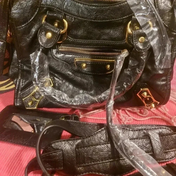 Black Vegan Leather Moto City Satchel Bag with Tassels Removable Strap - Picture 2 of 15